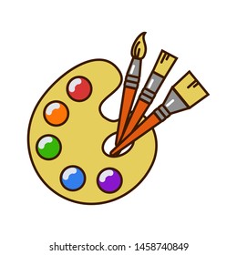 Palette with brushes. Multi-colored paint on the palette. Vector
