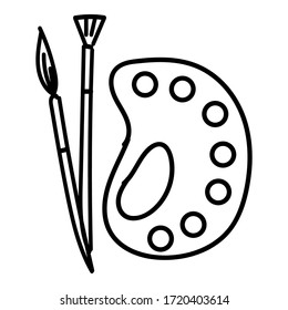 Palette and brushes, outline icon on white isolated background for posters, stickers, clip-arts