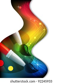 palette and brushes in the rainbow wavy background