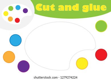 Palette in cartoon style, education game for the development of preschool children, use scissors and glue to create the applique, cut parts of the image and glue on the paper, vector illustration