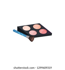 Palette case with rouge of 4 different colors and small brush. Cosmetic powder for actor makeup. Flat vector icon