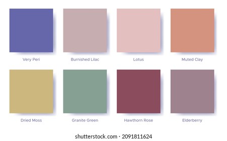 Palette with the color of 2022 Very Peri. Sample color guide palette catalog of swatches. Matching shades for fashion trends - collection Balancing. Vector illustration for fabric, textile, interior