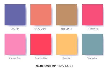 Palette with the color of 2022 Very Peri. Sample color guide palette catalog of swatches. Matching shades for fashion trends - collection Entertainment. Vector illustration for fabric, textile
