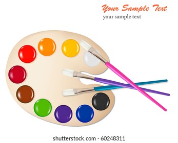 Palette with color paints and brushes. Vector illustration.