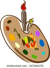 A palette with a colorful paints and a red paint brush, vector, color drawing or illustration.