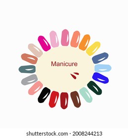 A palette of colors of gel nail polishes for manicure with a copy of the space. The concept of professional nail care.