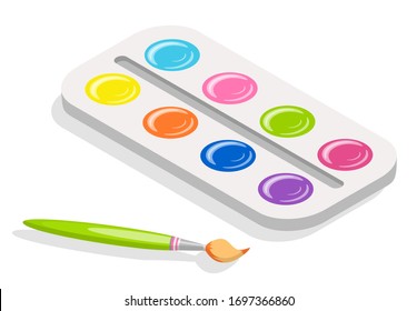 Palette of colors for painting with tassel, brash and pencil vector for drawing paintings. Contains shades red and yellow green and blue, brown and violet. 3d isometric. Equipment for watercolor paint