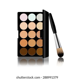 Palette concealer and correctors with brush. Vector. Face powder. Isolated. Cosmetic products fashion, woman symbol blush flour icon, cosmetic banners, brochures and promotional items. Eyeshadow.