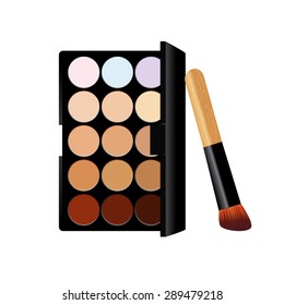 Palette concealer and correctors with wooden brush. Isolated vector. Face powder. Cosmetic products fashion, woman symbol blush flour icon, cosmetic banner, brochures and promotional items. Eyeshadow.