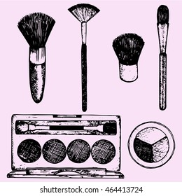palette eye shadows, brush makeup doodle style sketch illustration hand drawn vector