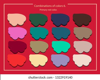 Palette fashion colors guide with named color swatches. Fashion color trend.
Vector image of a palette of compatible colors. All colors combined with red.