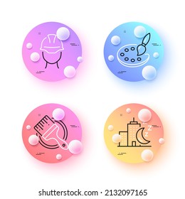 Palette, Foreman and Brush minimal line icons. 3d spheres or balls buttons. Night city icons. For web, application, printing. Art brush, Engineer person, Sleeping building. Vector