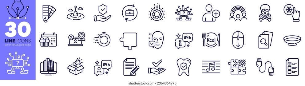 Palette, Gear and Voting ballot line icons pack. Consulting, Calories, Insurance hand web icon. Inspect, Dermatologically tested, Dish pictogram. Article, Puzzle game, Video conference. Vector