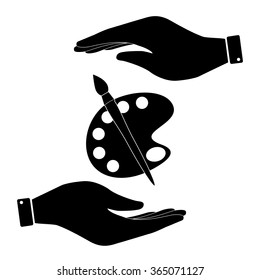 Palette in hand icon, care symbol vector illustration. Flat design style