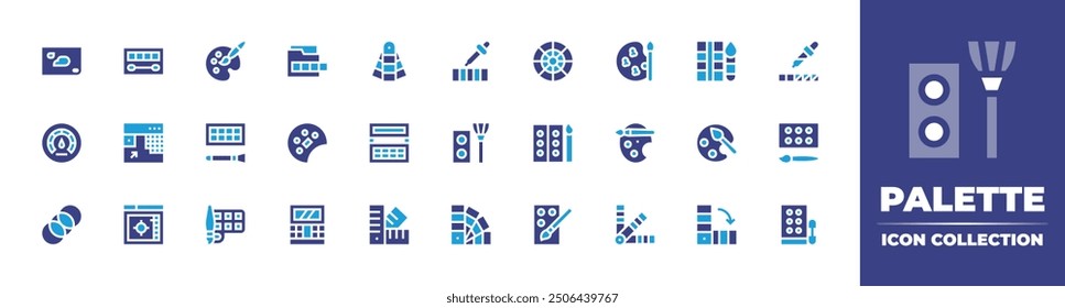 Colección de icono de paleta. Color duotono. Ilustración vectorial. Contiene paintswatch, paleta, paleta de colores, sombra de ojos, optimización, selector de color, arte, transparencia, acuarela.