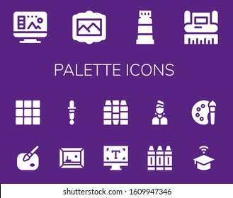 palette icon set. 14 filled palette icons. Included Design, Painting, Paint, Graphic design, Palette, Color picker, Typography, Crayons, Crayon, Artist, University, Color icons