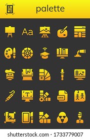 palette icon set. 26 filled palette icons.  Simple modern icons such as: Canvas, Layout, Typography, Paint, Palette, Color wheel, University, Graphic design, Paint tube, Artist