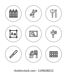 Palette icon set. collection of 9 outline palette icons with crayon, eyeshadow, graphic designer, pallete knife, painting, sculpture icons. editable icons.