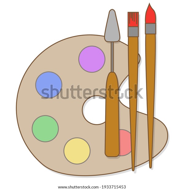 Palette knife\
and brushes set of objects for drawing, soft colors icon with\
shadows, simple flat vector\
illustration