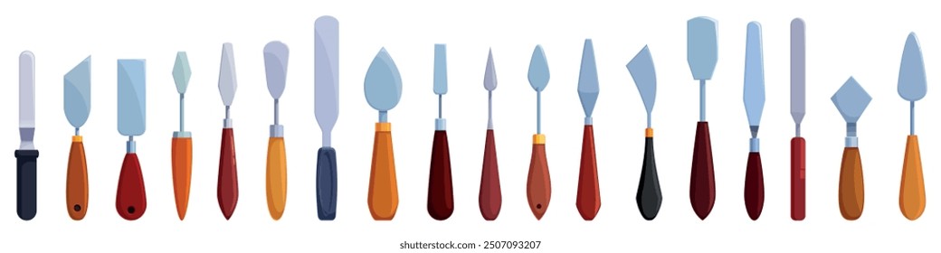 Palette knife icons set. Set of palette knives with wooden handles showing different shapes and sizes ideal for artists