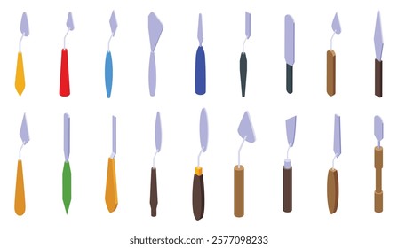 Palette knife icons set. Palette knives with various shapes and handles for applying and mixing paint, creating textured effects, and other artistic techniques