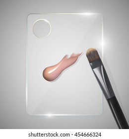 Palette for mixing beauty products with smear fundation and brush. Vector illustration