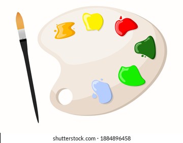 Palette with multi-colored paints and a brush on a white background