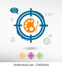 Palette on target icons background. Flat illustration.