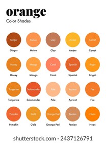 Palette of Orange Shades with Corresponding Names, Collection of Oranges Color Swatches. Modern Minimal Design Template
