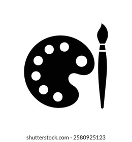 Palette and paint brush black icon, isolated on white background. Vector illustration.