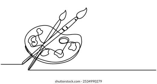 Palette and paint brush continuous one line drawing vector illustration, Palette and paint brush continuous one line drawing vector illustration, brush and painting palette one line drawing vector