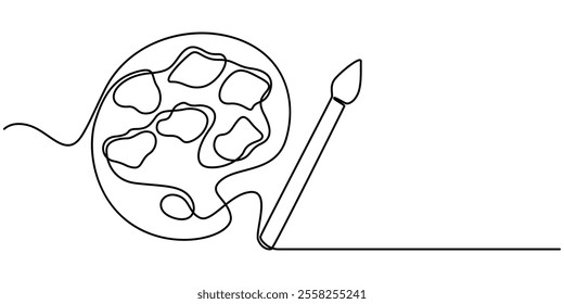 Palette and paint brush continuous one line drawing vector illustration, Continuous one line drawing of a art materials. Artsy brushes and painting palette one line drawing vector illustration isolate