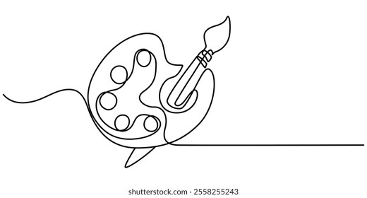 Palette and paint brush continuous one line drawing vector illustration, Continuous one line drawing of a art materials. Artsy brushes and painting palette one line drawing vector illustration isolate