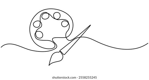 Palette and paint brush continuous one line drawing vector illustration, Continuous one line drawing of a art materials. Artsy brushes and painting palette one line drawing vector illustration isolate