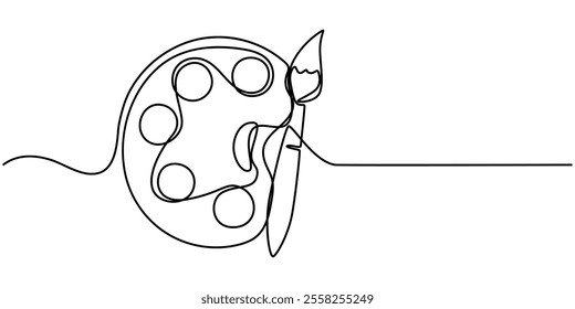 Palette and paint brush continuous one line drawing vector illustration, Continuous one line drawing of a art materials. Artsy brushes and painting palette one line drawing vector illustration isolate