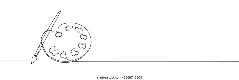 Palette and paint brush continuous one line drawing. Paintbrush symbol.