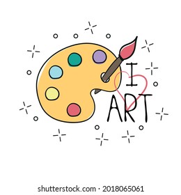 Palette with paint brush hand drawn outline doodle icon. Vector sketch illustration of palette with watercolors and brush for t-shirt print, isolated on white background