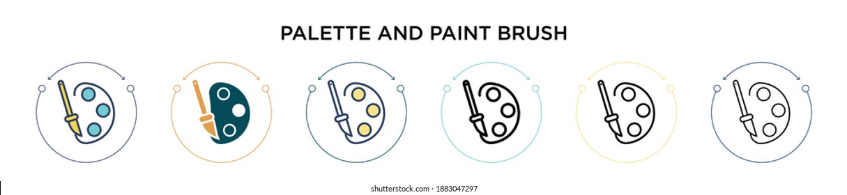 Palette and paint brush icon in filled, thin line, outline and stroke style. Vector illustration of two colored and black palette and paint brush vector icons designs can be used for mobile, ui, web