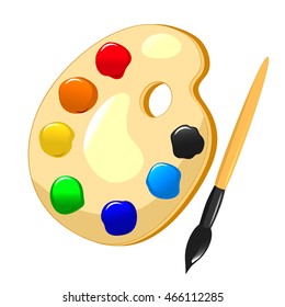 Palette, paint brush to paint. Isolated object on a white background