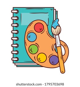 palette with paint brush and notebook, on white background vector illustration design
