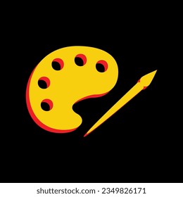 Palette and paint brush sign. 3D Extruded Yellow Icon with Red Sides a Black background. Illustration.