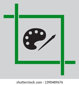 Palette and paint brush sign. Black icon inside green crop tool at light gray background