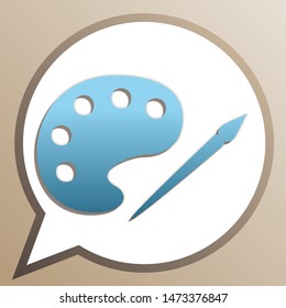 Palette and paint brush sign. Bright cerulean icon in white speech balloon at pale taupe background. Illustration.