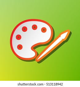 Palette and paint brush sign. Contrast icon with reddish stroke on green backgound.