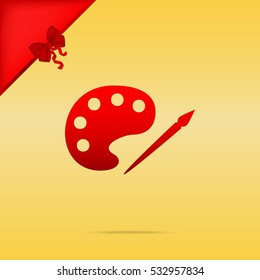 Palette and paint brush sign. Cristmas design red icon on gold background.
