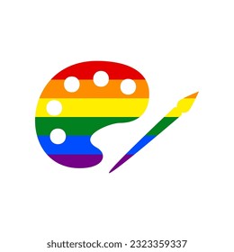 Palette and paint brush sign. Rainbow gay LGBT rights colored Icon at white Background. Illustration.