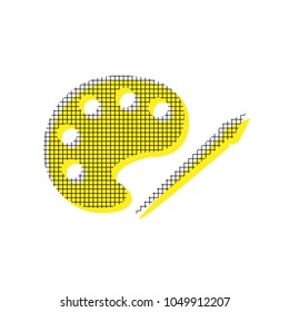 Palette and paint brush sign. Vector. Yellow icon with square pattern duplicate at white background. Isolated.