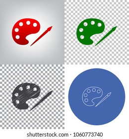 Palette and paint brush sign. Vector. 4 styles. Red gradient in radial lighted background, green flat and gray scribble icons on transparent and linear one in blue circle.