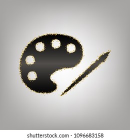 Palette and paint brush sign. Vector. Blackish icon with golden stars at grayish background.