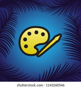 Palette and paint brush sign. Vector. Golden icon with black contour at blue background with branches of palm trees.